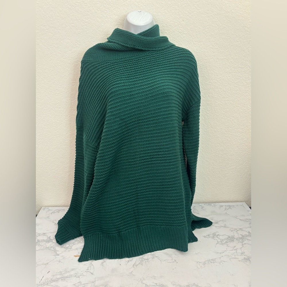 PrinStory Turtleneck Ribbed Slouchy Cable Knit Sweater L Pockets Loose Green